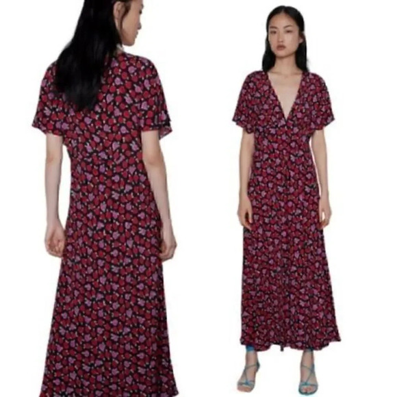 Zara Floral Print Maxi Dress with Red & Pink Flowers 100% Viscose Size XS - Picture 11 of 11